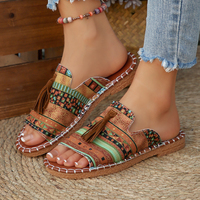 Sandales à franges ethniques bohèmes pour femmes, imprimées colorées, confortables, à bout ouvert, pour l'été, décontractées, plage