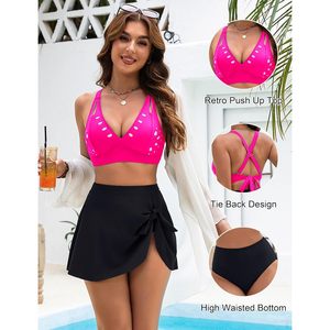 High Waisted <b>Bikini</b> <b>Set</b> For Women 3 Piece Tummy Control Swimsuit With Detachable <b>Skirt</b> Modest Bathing Suit Deep V Neck Push Up - Product Image 5