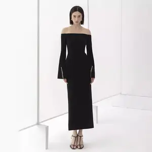 One line Shoulder Black Tight Long Dress Pleated Long Sleeve Women's Clothing 2024 Sexy Fashion Show Elegant Women's Dresses
