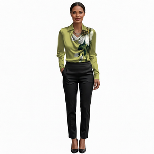Floral Satin Women Shirt V-neck Long Sleeve Blouse Asymmetric Print Spring Autumn - Product Image 3