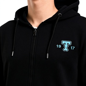 เสื้อฮู้ดซิปสีดำสำหรับผู้ชาย ผ้าฝ้ายเฟรนช์เทอร์รี่ ทรงปกติ แขนซ้าย สวมใส่สบายๆ สำหรับฤดูใบไม้ร่วง รับสกรีนโลโก้ - Product Image 5