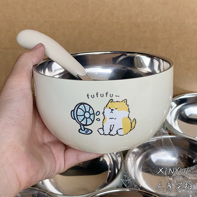 [Gatito amarillo] Tazón y cuchara de arroz blanco