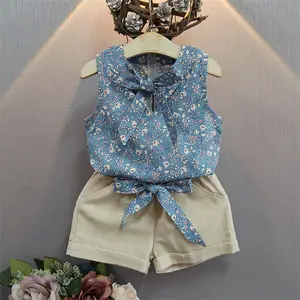 Şifon çiçek bebek kız yaz giyim setleri kolsuz yay v yaka iki parçalı 2-8 yıl güzel rahat çocuk şort ve üst