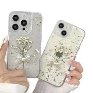 Ins Drip Glue Metal phone case suitable for iPhone 15 Promax flower bow apple 14Pro gold foil fine hole soft Mobile Phone Case