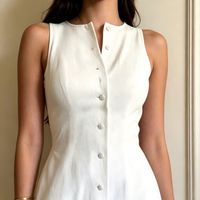 Robe longue blanche unie sans manches à col rond pour femme, coupe trapèze élégante avec ourlet à volants, décontractée, infroissable, respirante, OEM