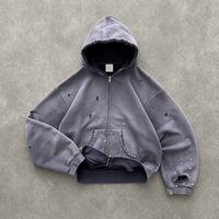 Sudadera con capucha para hombre personalizada, estilo streetwear, con borde deshilachado, estampado de salpicaduras de pintura, rasgada, oversize, vintage, lavada, desgastada, con cremallera