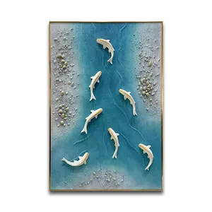 Contemporary 3D Wall Sculpture White Fish Swimming In River Rectangular Hotel Art Project Decorative Hanging Glod Metal Frame