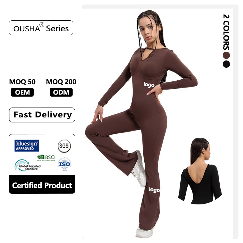 Customizable Women's Fitness Apparel V-Neck Yoga Scrunch Butt Bodysuit Long Sleeves Bell-Bottom Jumpsuit for Sports Training