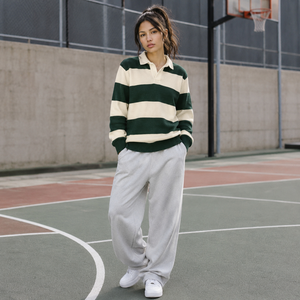 Pull en tricot style maillot de rugby unisexe à rayures côtelées à manches longues, pull d'ambiance d'équipe - Product Image 1
