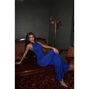 Robe longue Thelma vintage bleu marine en polyester, coupe empire, avec dentelle, disponible en tailles XS à XL - Product Image 2