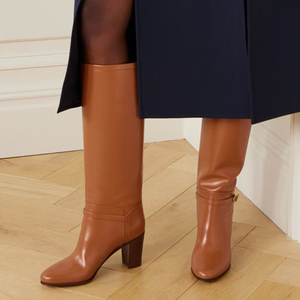 Large Size 46 Solid Wide Fit Women's Knee High Boots Buckles Chunky High <b>Heels</b> Shoes <b>Round</b> <b>Toe</b> on Long Booties - Product Image 2