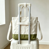 Tas Tote Kanvas Blok Warna Kustom, Tas Selempang Katun dengan Tali Lepas Pasang, Banyak Kantong, Tas Belanja Reusable
