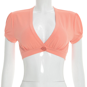 Viviblook Y26TP056 – Nouveau haut décontracté d'été pour femme, sexy, col en V, plissé, boutonné, court, à manches courtes, pour dames - Product Image 1