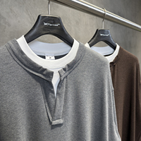 Sweat-shirt Henley personnalisé pour homme en mélange soie et laine 280 g/m², style Old Money, col ras du cou, coupe ample, épaules tombantes, double couche, manches longues