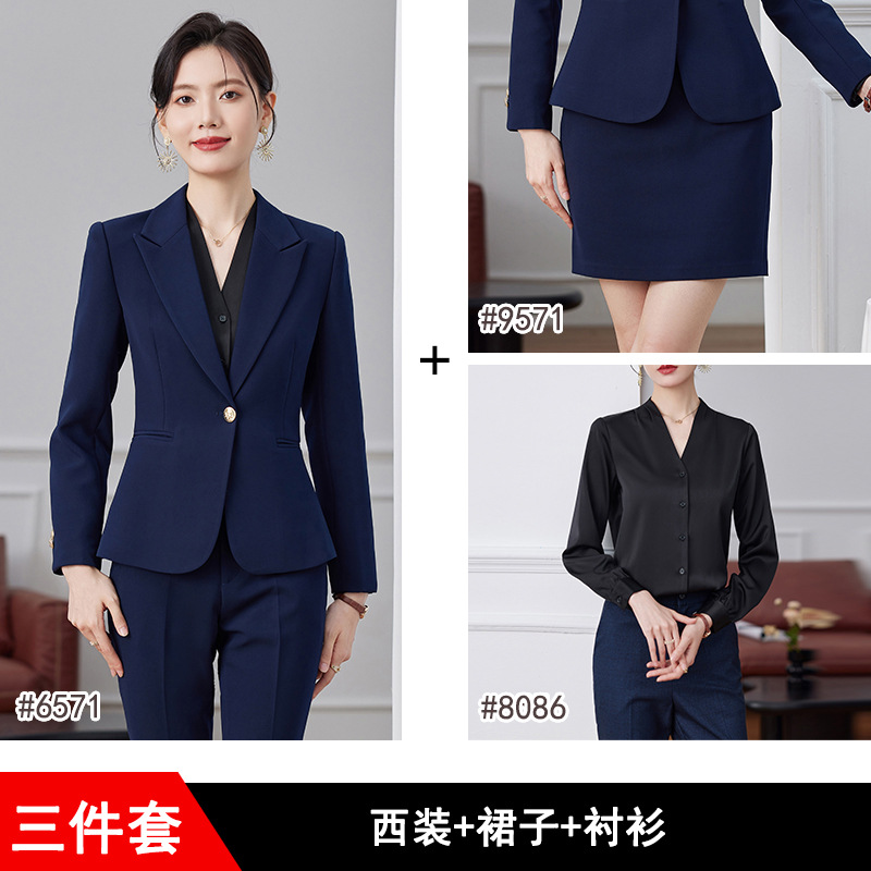 Dark blue suit, black shirt, and short skirt