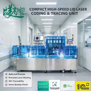 Machine de marquage laser à fibre haute vitesse pour codes de traçabilité GS1 sur couvercles à ouverture facile, avec alimentation et collecte de matériaux automatiques - Product Image 1