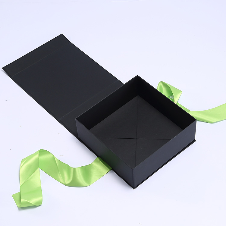 Custom luxury folding black cardboard foldable magnetic gift box with ribbon