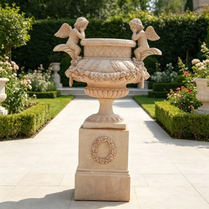 Urna Romana Clásica de Piedra Sólida con Ángeles Gemelos, Pedestal Cuadrado Tallado, Urna Decorativa para Jardín, Villa u Hotel con Diseño de Rosas - Product Image 1