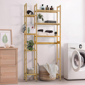 Étagère en bambou sur casier de toilette Étagère de salle de bain derrière l'étagère de toilette avec crochets, pieds réglables Étagère de toilette autoportante de 31 pouces - Product Image 3