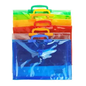 Saydam mavi belge çantası PVC taşınabilir dosya depolama saplı çanta & ofis ve okul için toka