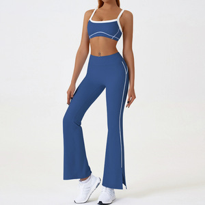 Ensemble de yoga sportif 2 pièces pour femmes, soutien-gorge contrasté et pantalon évasé, respirant, en élasthanne/nylon - Product Image 6