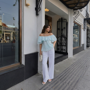Robe élégante bleu clair à épaules dénudées, pantalon large à taille haute blanc, ensemble deux pièces, style bohème vintage en lin/coton pour femmes - Product Image 1