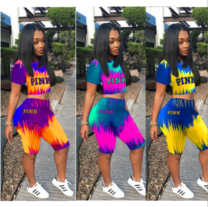 Ensemble décontracté deux pièces pour femmes Tie-Dye imprimé Orange jaune rose au-dessus du genou tenue courte avec motif de grattage - Product Image 2