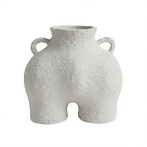 Jarrón de suelo de papel maché gris claro, arquado de dos patas, tipo ánfora, urna minimalista con asas, decoración del hogar Wabi Sabi - Product Image 1