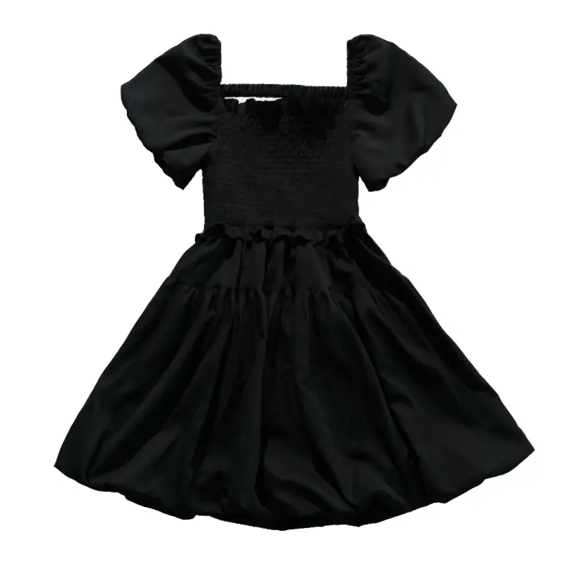 Vintage Women's Black Square Neckline Dress Bubble Sleeves Wrapped Waist Dresses Solid Summer Party