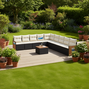 Ensemble de canapés de jardin en rotin noir 10 places, mobilier d'extérieur au design contemporain, résistant aux intempéries, structure en teck - Product Image 2