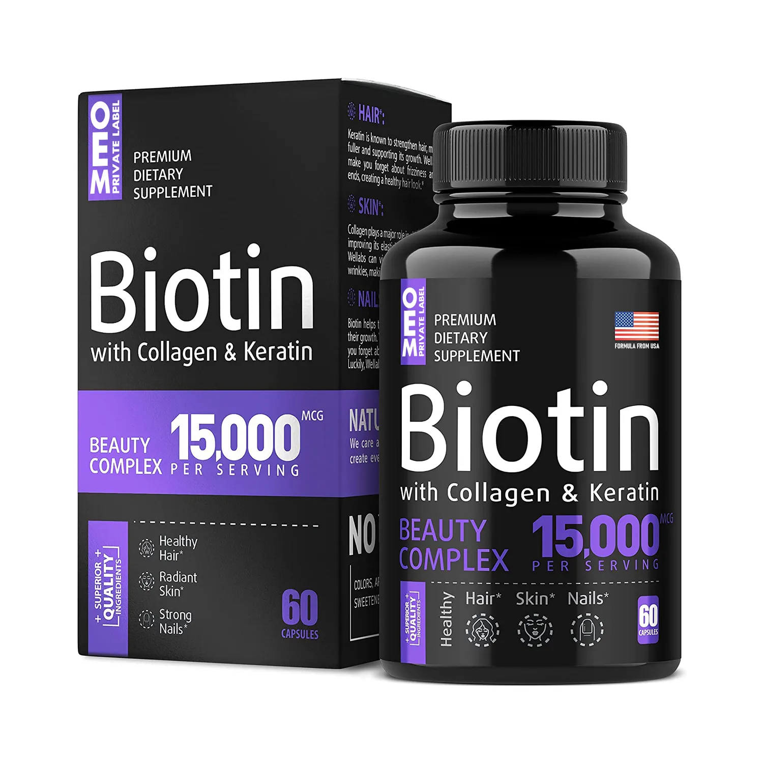 Handelsmarke Biotin Keratin Kollagen Pillen Bio Biotin Kapseln für Haar Haut und Nägel Vitamine Biotin Supplement