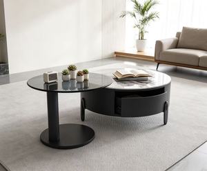 Modern Round <b>Coffee</b> <b>Table</b> <b>Set</b> Tempered Glass Top Metal Frame Storage Drawer Living Room Furniture - Product Image 1