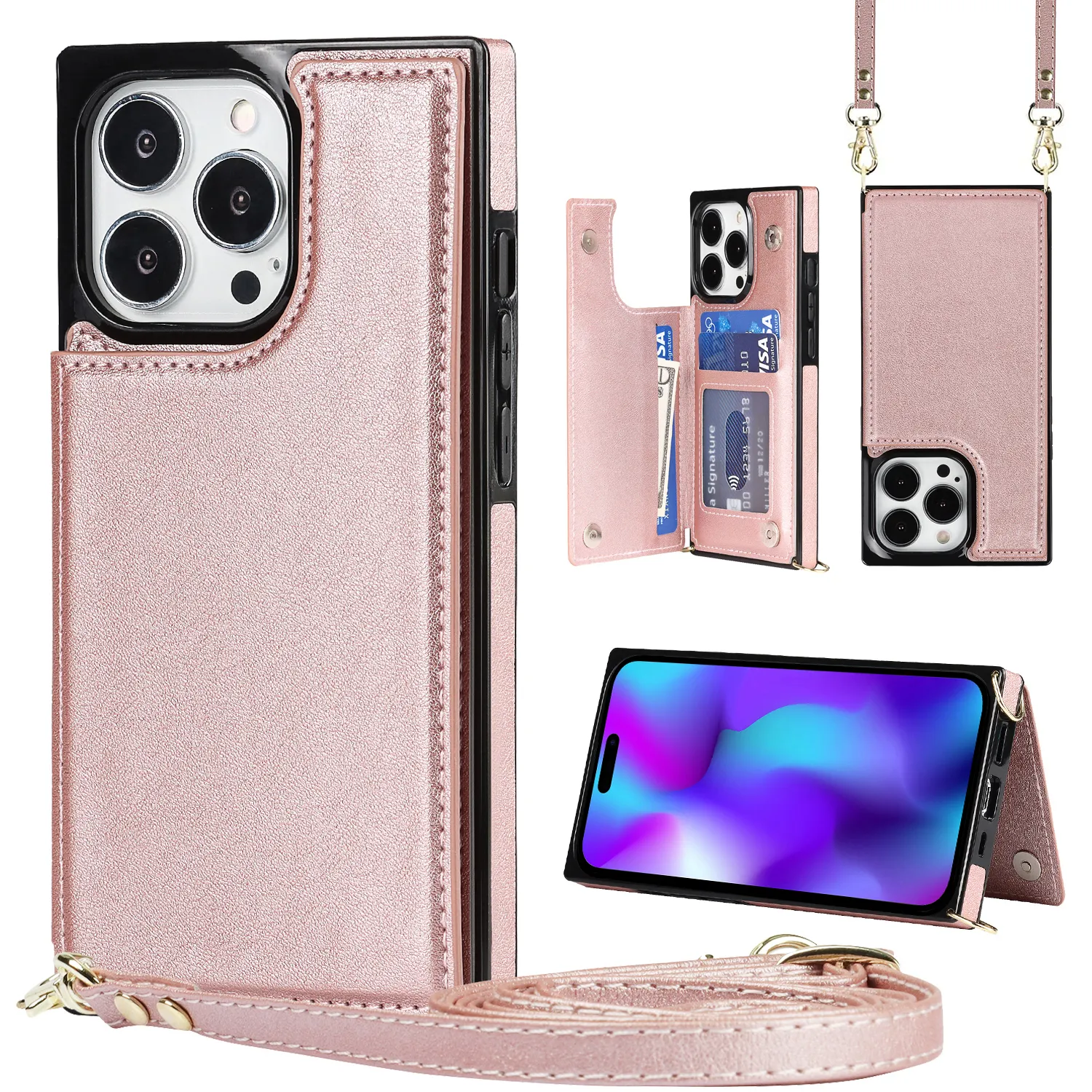 핑크 지갑 가죽 끈 전화 케이스 아이폰 12 13 14 15 프로 최대 플립 카드 홀더 전화 보호 케이스 여성용