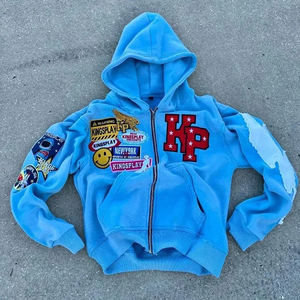Benutzer definierte Logo Distressed gewebte Patchwork bestickte übergroße Reiß verschluss Hoodies Unisex Vintage Sun Faded Acid Washed Hooded Jacket - Product Image 3