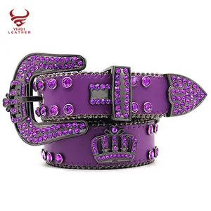 Designer new arrival royal crown buckle leather rhinestone belt luxury punk studded purple diamond belts for women men