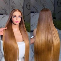 Peluca frontal con cierre de encaje HD sin pegamento, color marrón ombré con rubio miel, cabello humano original vietnamita virgen SDD liso.