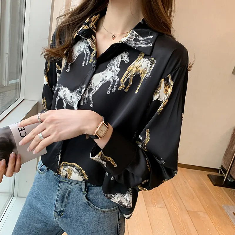 Camiseta de manga larga con cuello de solapa para mujer, Tops con estampado de manchas de animales, Tops informales para primavera y verano, 2021