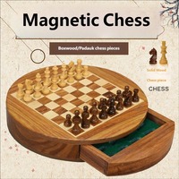Ensemble d'échecs magnétique miniature haut de gamme avec tiroir de rangement, plateau en bois, pièces en bois de boxwood et bois de rose, pour adultes, idéal pour offrir, décoration intérieure, compétition
