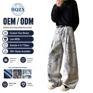 Jeans de mezclilla plisados jacquard estilo hip hop americano vintage para <span class=keywords><strong>hombre</strong></span> y mujer, cintura media, lavado a la piedra, corte holgado recto y ajustado, ODM - Product Image 1