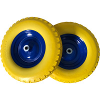 Roue en mousse PU 4.00-8, pleine et anti-crevaison, avec bande de roulement jaune à picots et jante en acier peinte bleu, pour chariot à main et brouette