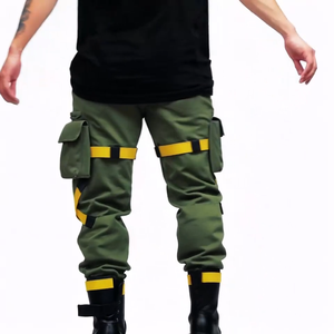 트렌디 한 미드 웨이스트 카모 카고 바지 옐로우 스트랩 멀티 포켓 디자인 힙합 스타일 자수 타이 다이 스판덱스 겨울 다크 - Product Image 3