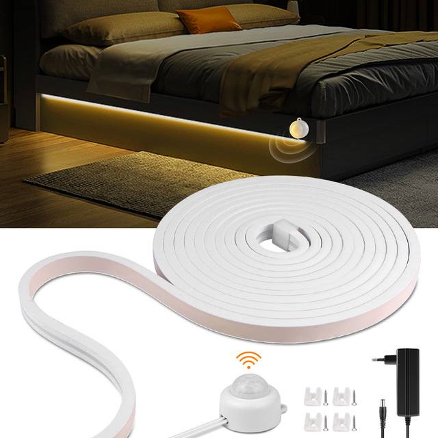 PIR Motion Sensor LED Light Strip 24V Warm White Silicone Soft Light with Human Sensing for Indoor Cabinet Lighting