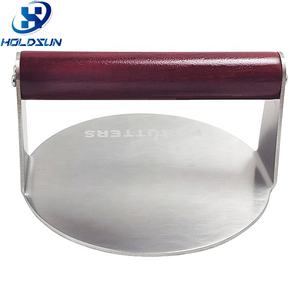 Prensa de <span class=keywords><strong>hamburguesas</strong></span> de acero inoxidable resistente de 6 pulgadas con logotipo personalizado con mango de madera de haya pintada en rojo para hacer <span class=keywords><strong>hamburguesas</strong></span> de carne - Product Image 1