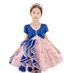 BABIBOLI Baby Girl Kids Frocks Baby Pink With Loyal Blue Style Princess Gowns Shortsleeve Dress Clothes Party Flowers Wears