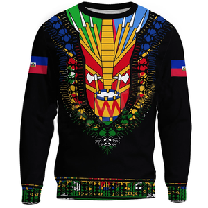 Sweats à capuche noirs hommes Haïti île drapeau haïtien Tribal imprimé graphique col rond manches longues décontracté ample sweat pulls - Product Image 1