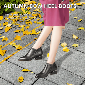 Fashion Winter Pointed Toe Bow Korean Thick Heel Ankle <b>Boots</b> with Buckle ZIP Closure Large Size Women's Shoes - Product Image 2