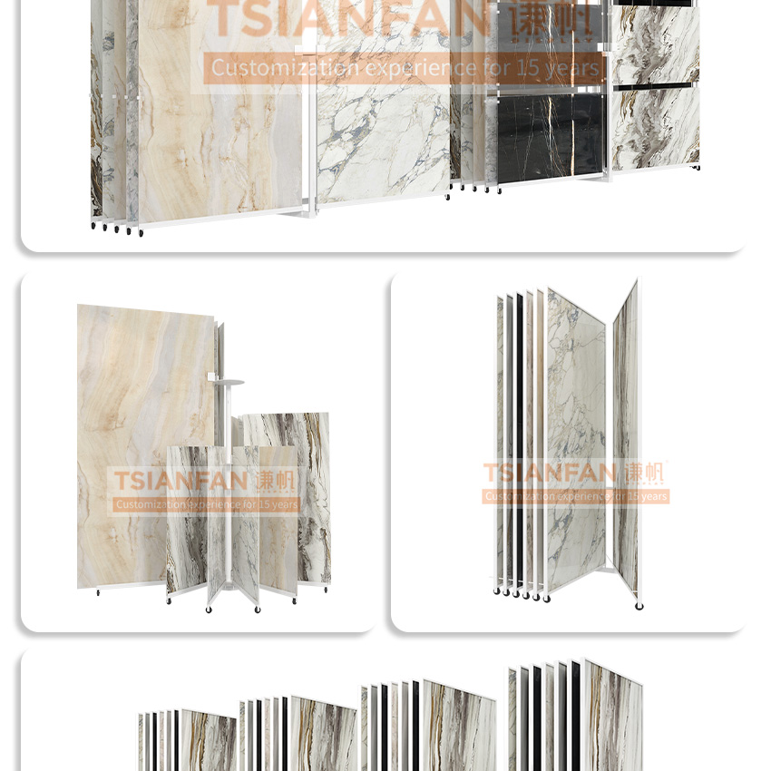 Tsianfan New Design Page Turning Type Panel Rotatable Slab Marble Granite Rack With Wheel Book Showing Stone Tile Display Stand