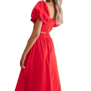 여성용 새로운 솔리드 컬러 랜턴 슬리브 스퀘어 넥 탑 오픈 스플릿 투피스 드레스