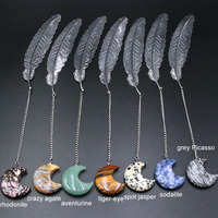 Colgante de Piedra de cristal con forma de luna hecha a mano para niños, marcapáginas de plumas de Metal plateado de alta calidad, regalos para niños