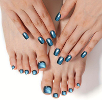 Lot de 48 faux ongles à presser bleus pailletés effet œil de chat pour mains et orteils, forme amande carrée, pour pédicure